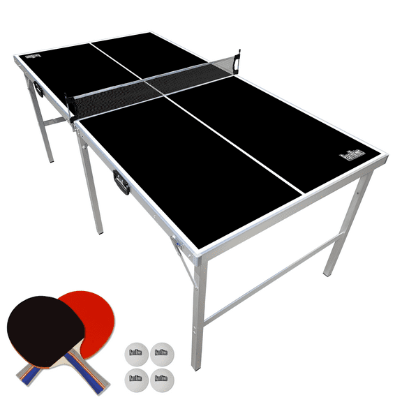 PartyLife Mid Size 6 ft x 3 ft Folding Portable Table Tennis Ping Pong Table & Game Set - Black Edition