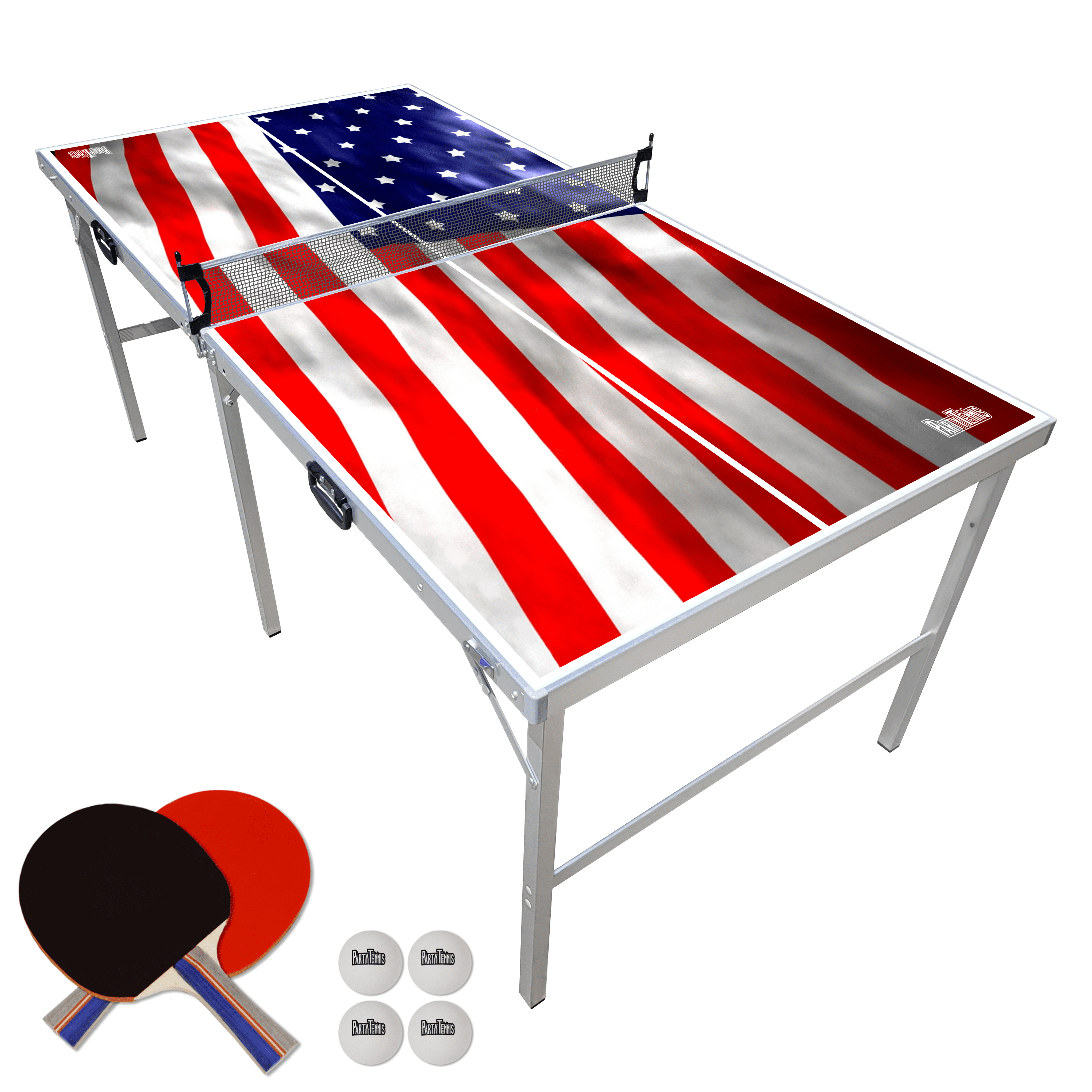 PartyLife Mid Size 6 ft x 3 ft Folding Portable Table Tennis Ping Pong Table & Game Set - USA Edition
