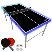 PartyLife Mid Size 6 ft x 3 ft Folding Portable Table Tennis Ping Pong Table w/ LED Lights - Black Edition