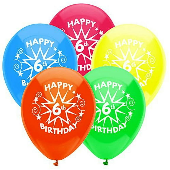 PartyMate - 12 Happy 6th Birthday Star Latex Balloons - Multicolor (8ct)