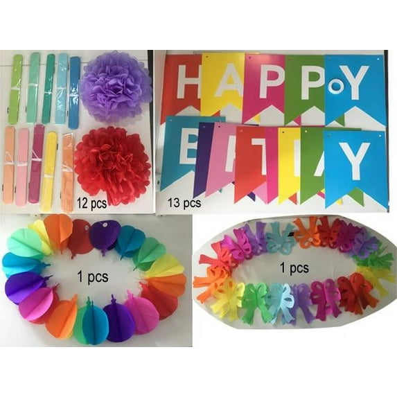 PartyPavillion Multi-color Rainbow Birthday Paper Party Decoration Kits, (25 Pieces)