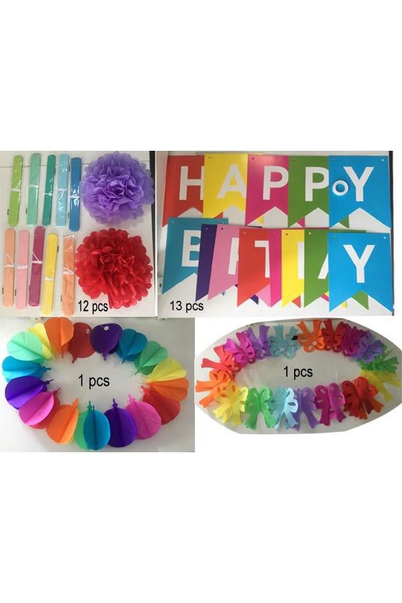 Multi-color Rainbow Birthday Paper Party Decoration Kits, (25 Pieces)
