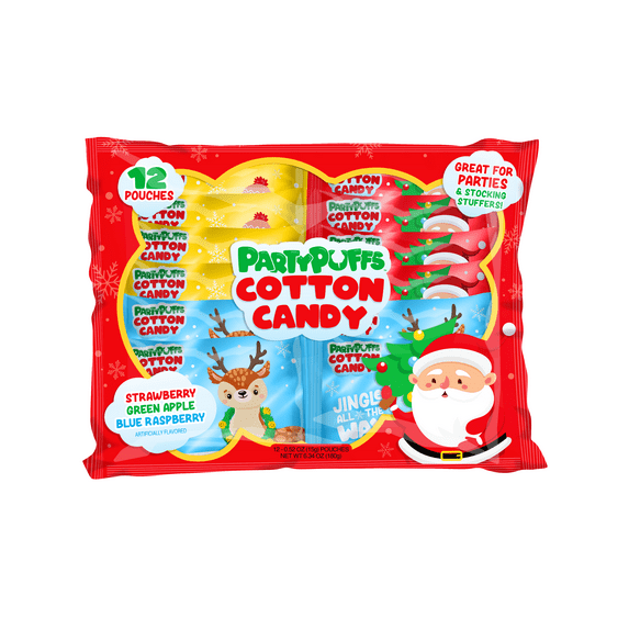 PartyPuffs Holiday-Themed Cotton Candy Bags, 12 Count, Allergen-Free Assorted Flavors, 6.34 oz