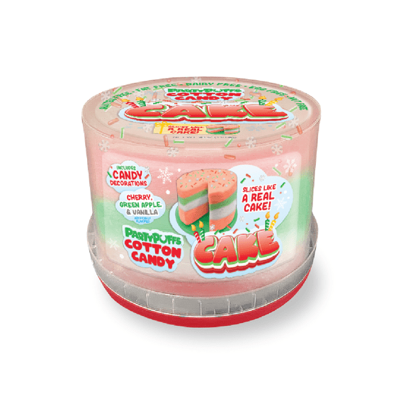 PartyPuffs Cotton Candy Christmas Cake Tub 4.2 Ounces Bursting With Cherry, Green Apple, Vanilla Flavors Crunchy Marshmallow Bits On Top