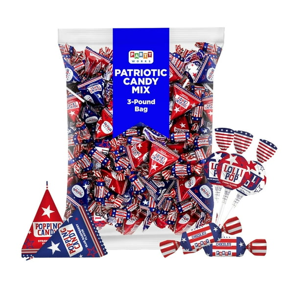 PartyWorks Patriotic Candy Assortment, Independence Day, July 4th - Chocolate Caramels, Lollipops, Popping Rocks Pouches - 3-Pound Pack