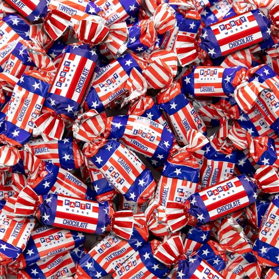 PartyWorks Patriotic Caramels Chocolate Flavored Candy, Independence Day, July 4th-2-Pound Pack (150 Pieces)