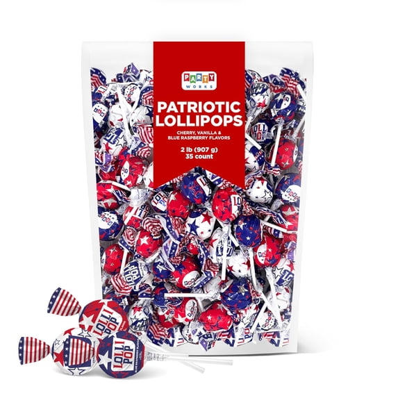 PartyWorks Patriotic Lollipops Candy, 2 Pound Pack (35 Pieces)