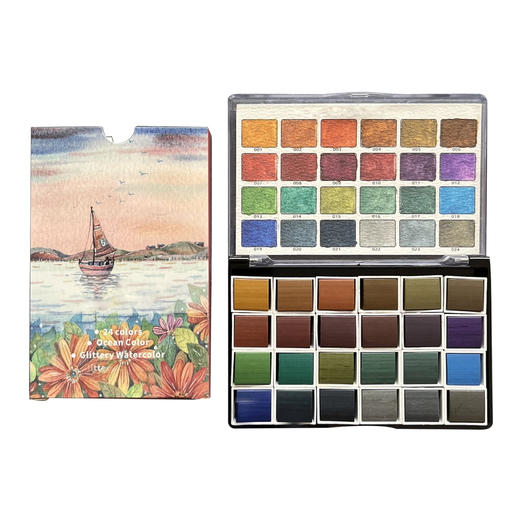 Partygee 24 Color Metallic Watercolor Paints Professional Artist Art Set for Beginner Painting on Paper Woods Fabric DIY Nail Art
