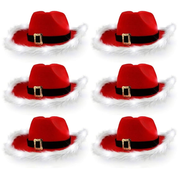 Light up LED Christmas Cowboy Hat Santa Hat Pack of 06 - Xmas Cowgirl Hat Santa Claus Western Hat for Gift Dressing up by PartyGlowz
