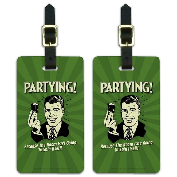 Partying Because Room Isn't Going to Spin Itself Funny Humor Luggage ID Tags Suitcase Carry-On Cards - Set of 2