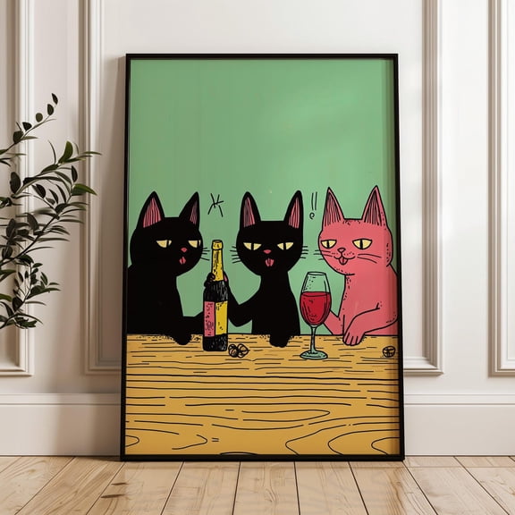 Partying Cats Poster, Comedy Animal Art Print, Idea, Wall Art Decor, Vintage, Artsy Design, Comical Poster, Green And Yellow UNFRAMED Poster, Wall Art for Decor, Present, 8x12