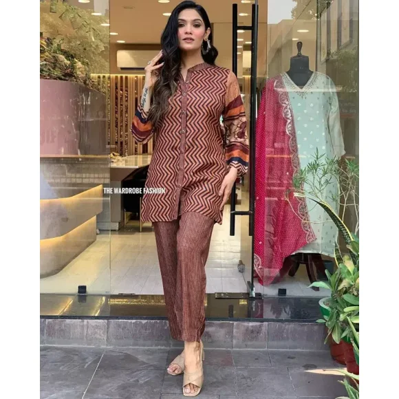 Partywear Co-ord Set For Womens, Brown Muslin Coord Set, Indian Kurta Pant Set