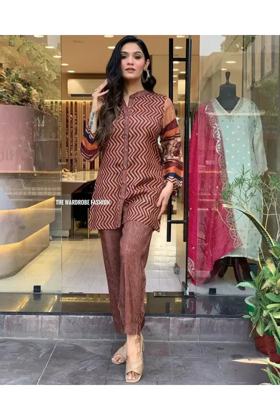 Partywear Co-ord Set For Womens, Brown Muslin Coord Set, Indian Kurta Pant Set