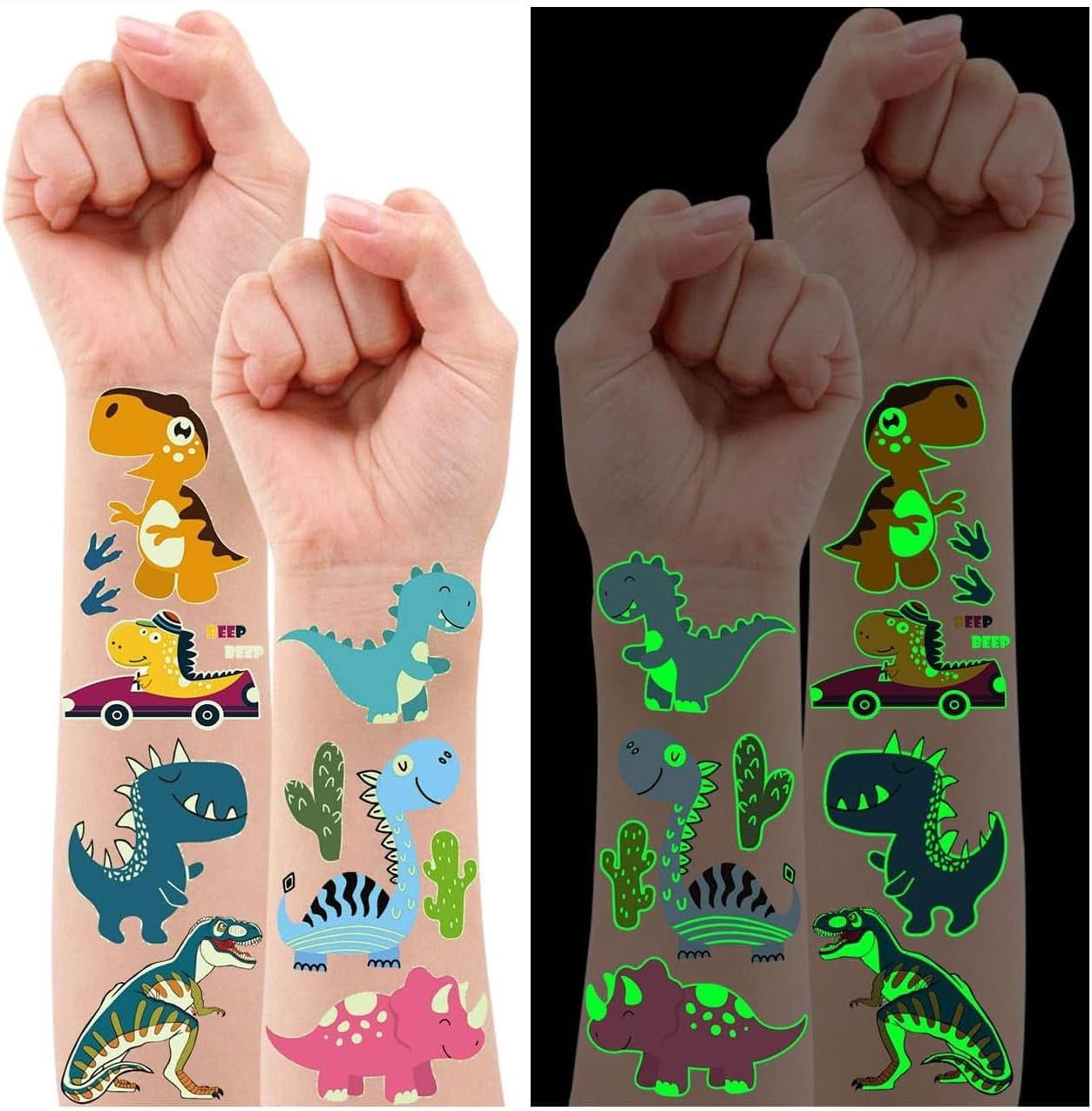 Partywind 20 Sheets Luminous Dinosaur Stickers Tattoos for Kids, Glow Dinosaur Birthday Decorations Supplies, Dinosaur Party Bags Fillers for Kids Birthday Party Games Prizes Toys