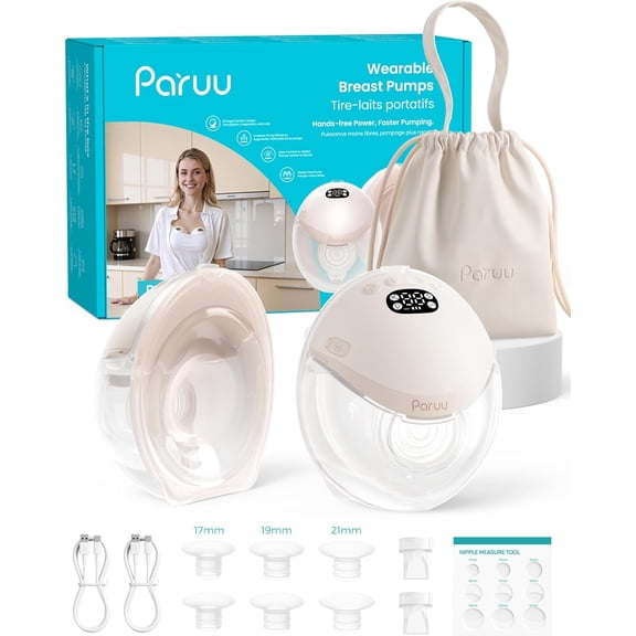 Paruu P21 Wearable Electric Breast Pump, 2 Pack, Champagne Baby-Mouth Flange Design, 315mmHg Suction & 4 Modes 12 Levels, 17/19/21mm Inserts, Standable Collector, Storage Bag