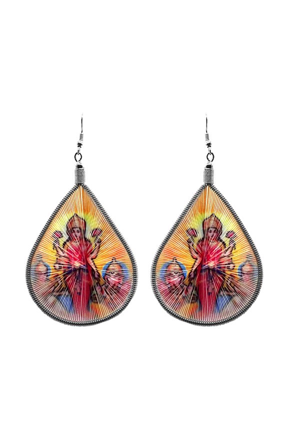 Parvati Goddess Graphic Silk Thread Teardrop Dangle Earrings - Womens Fashion Handmade Jewelry Religious Accessories