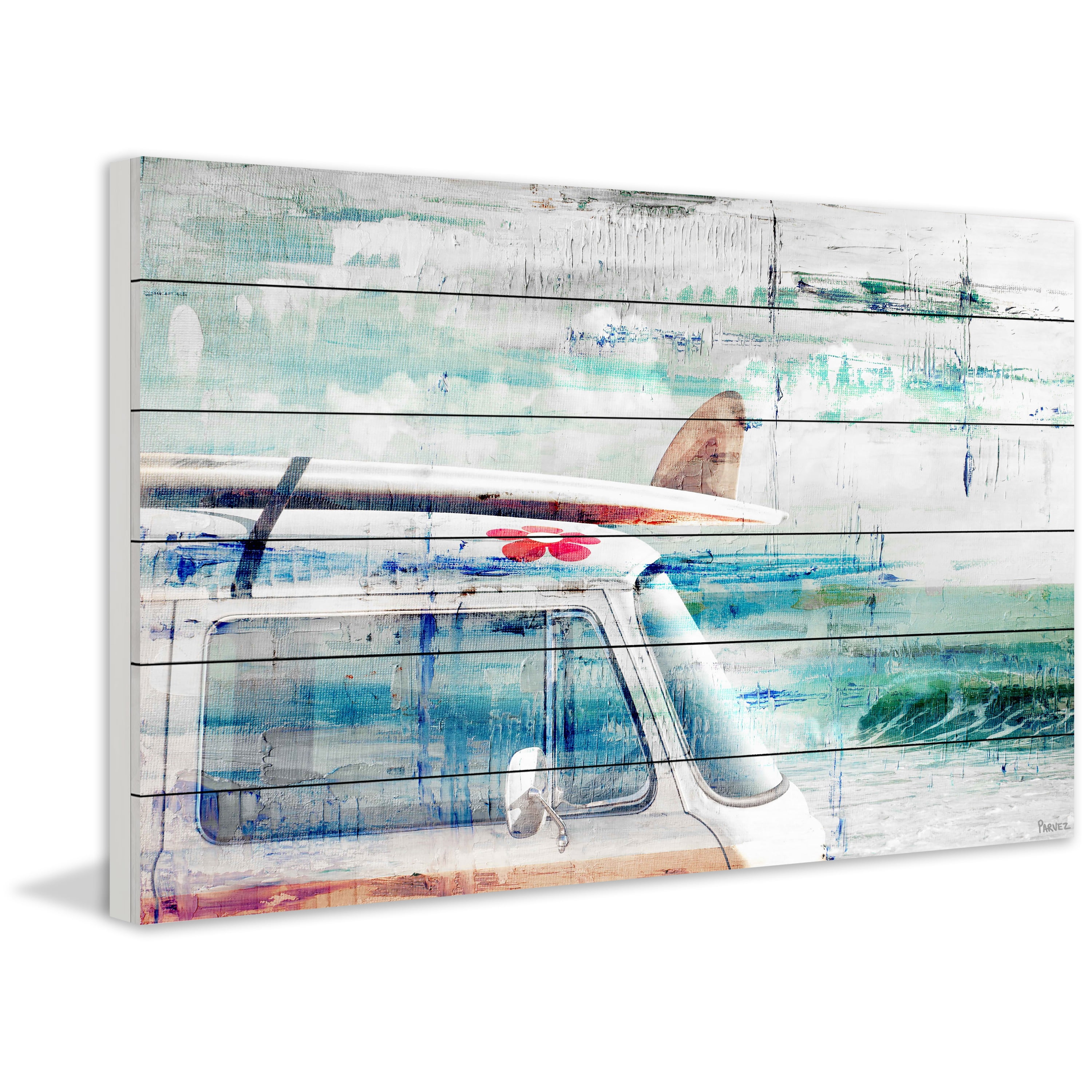 Beach Trip Surf Van Print on White Wood, 45" x 30"