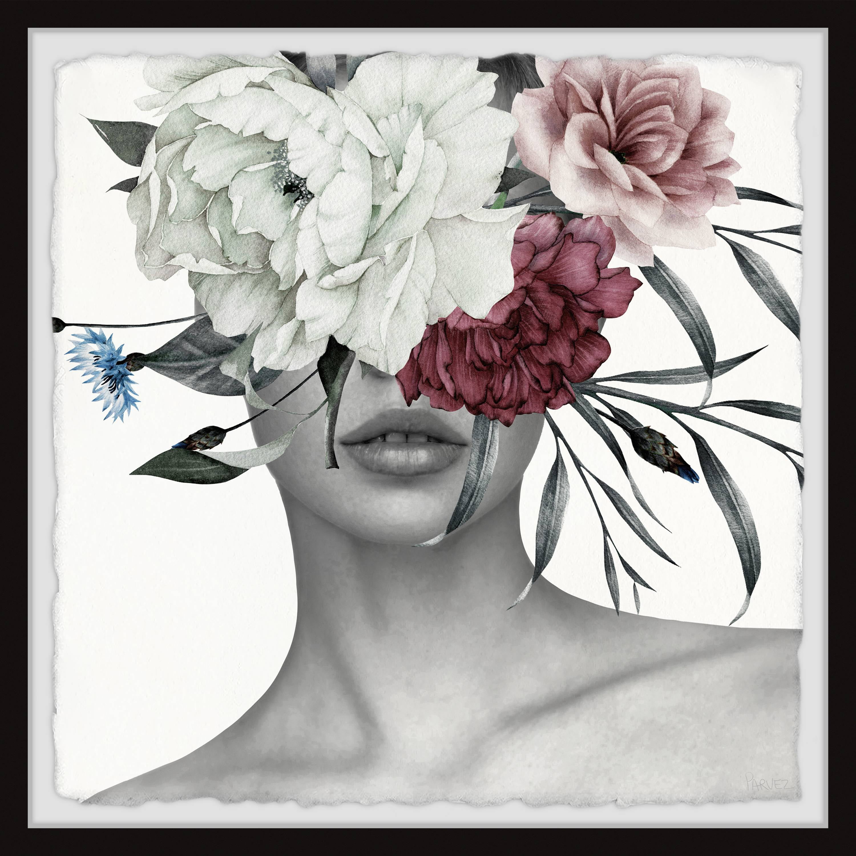 Monochromatic Woman with Blooming Flowers Framed Print