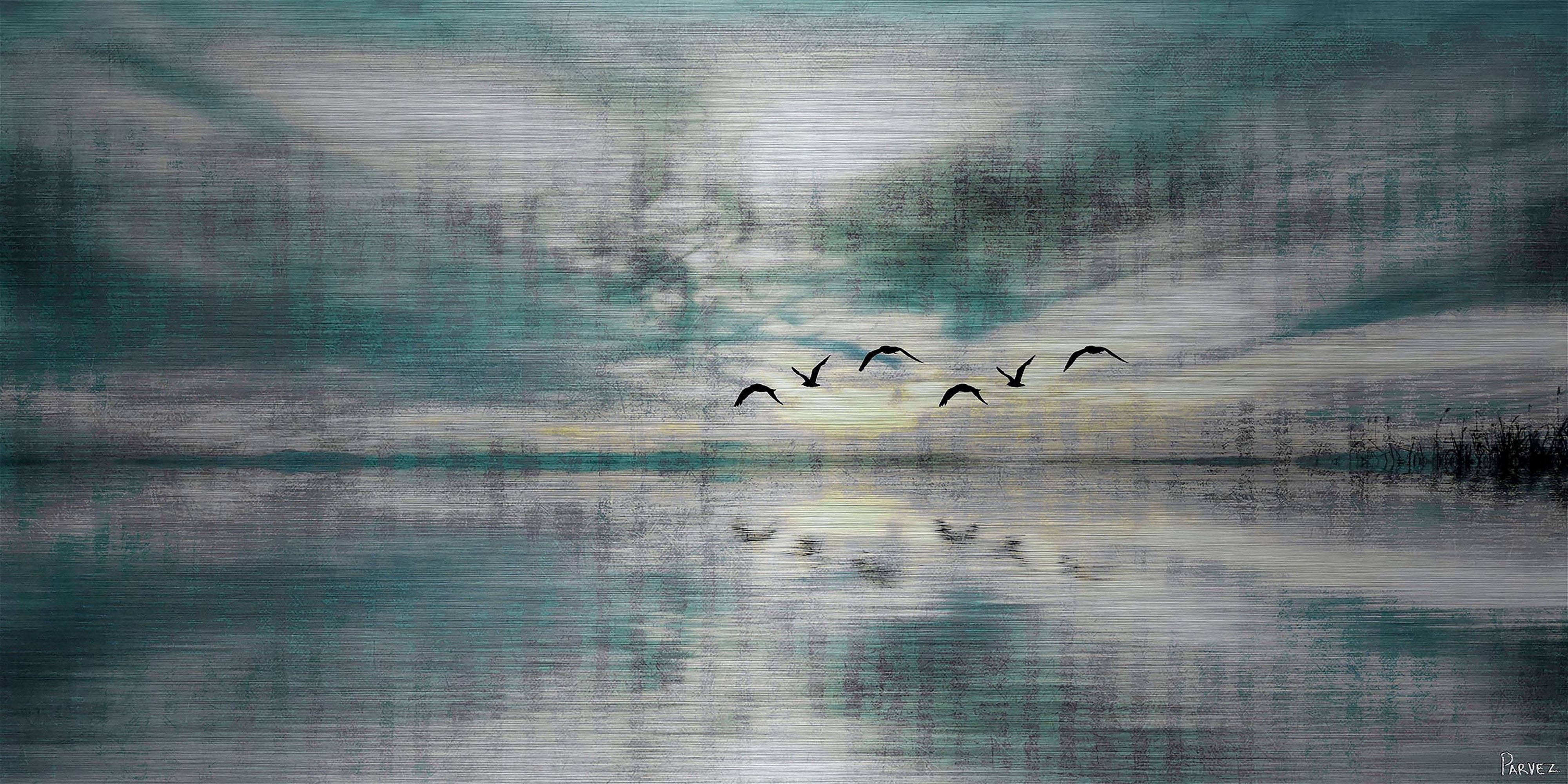 Parvez Taj Skylight Birds Blue and Gray Metal Wall Art