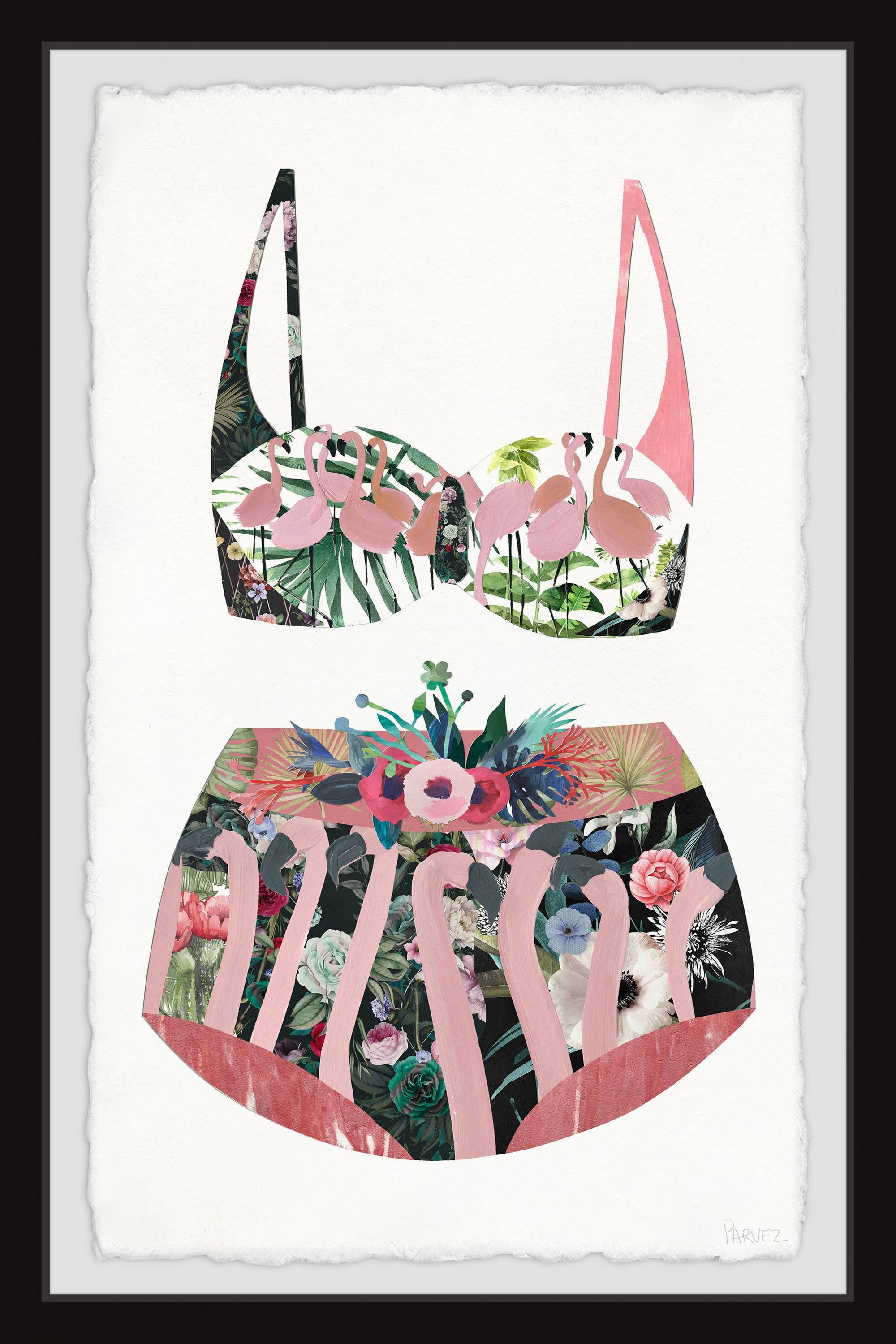 Flamingos and Floral Swimsuit Framed Canvas Print, 18" x 12"
