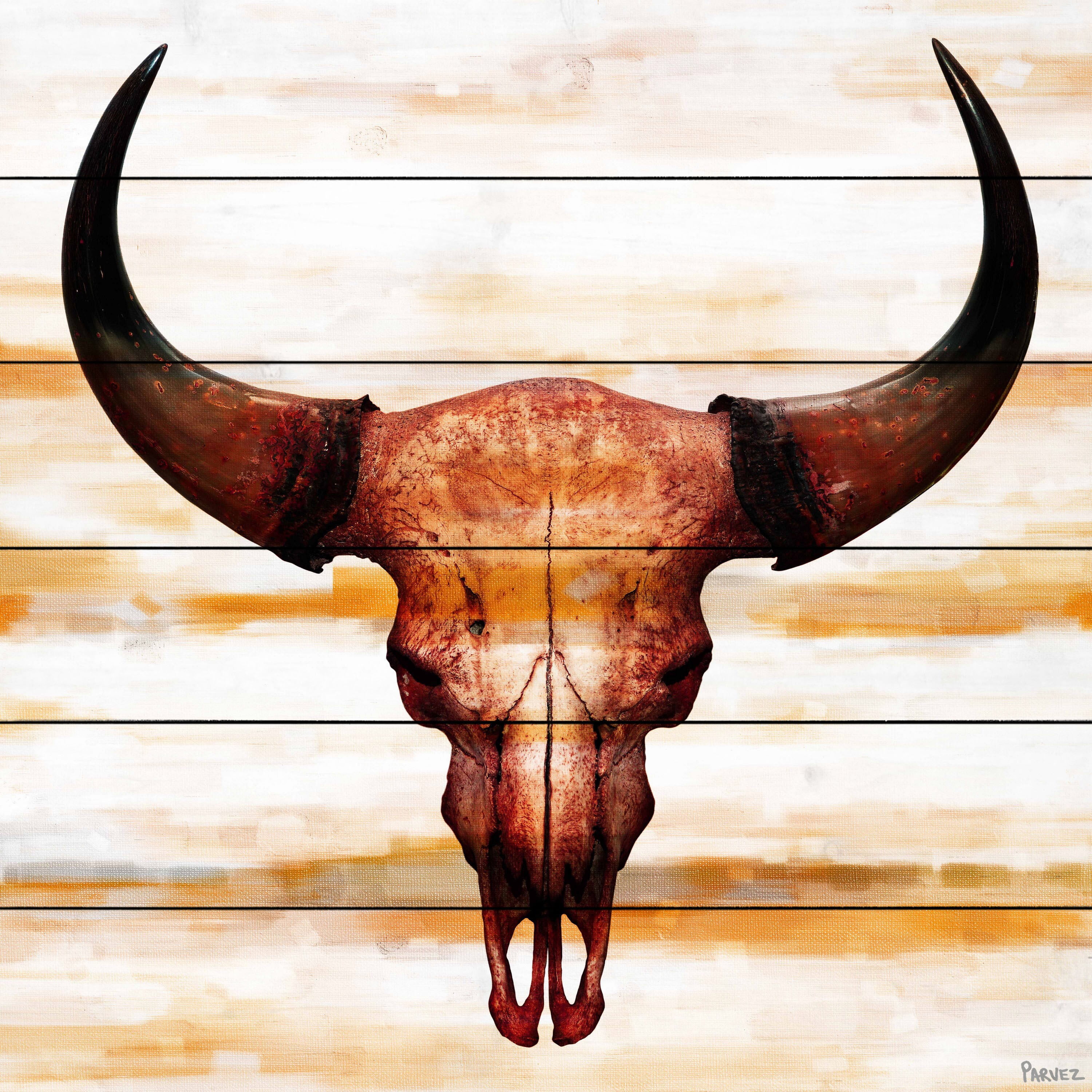 Parvez Taj  - Burnt Orange Skull Painting Print on White Wood - Multi-Color 32 x 32