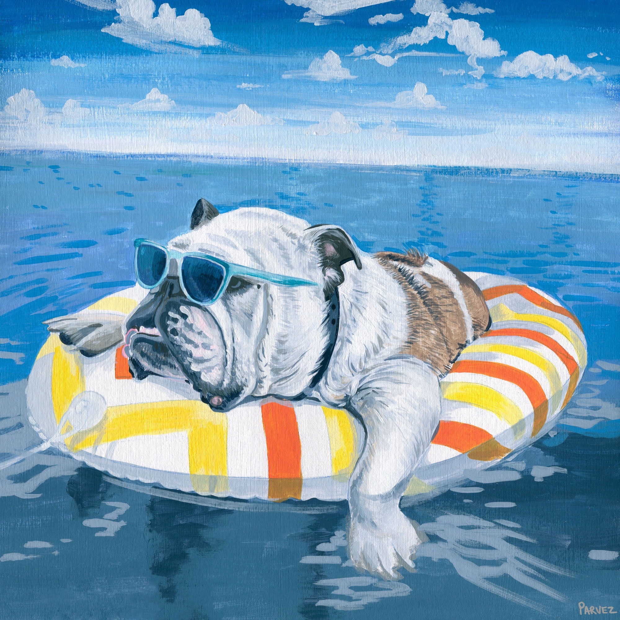 12" x 12" Colorful Bulldog Relaxing Canvas Print with Wood Frame