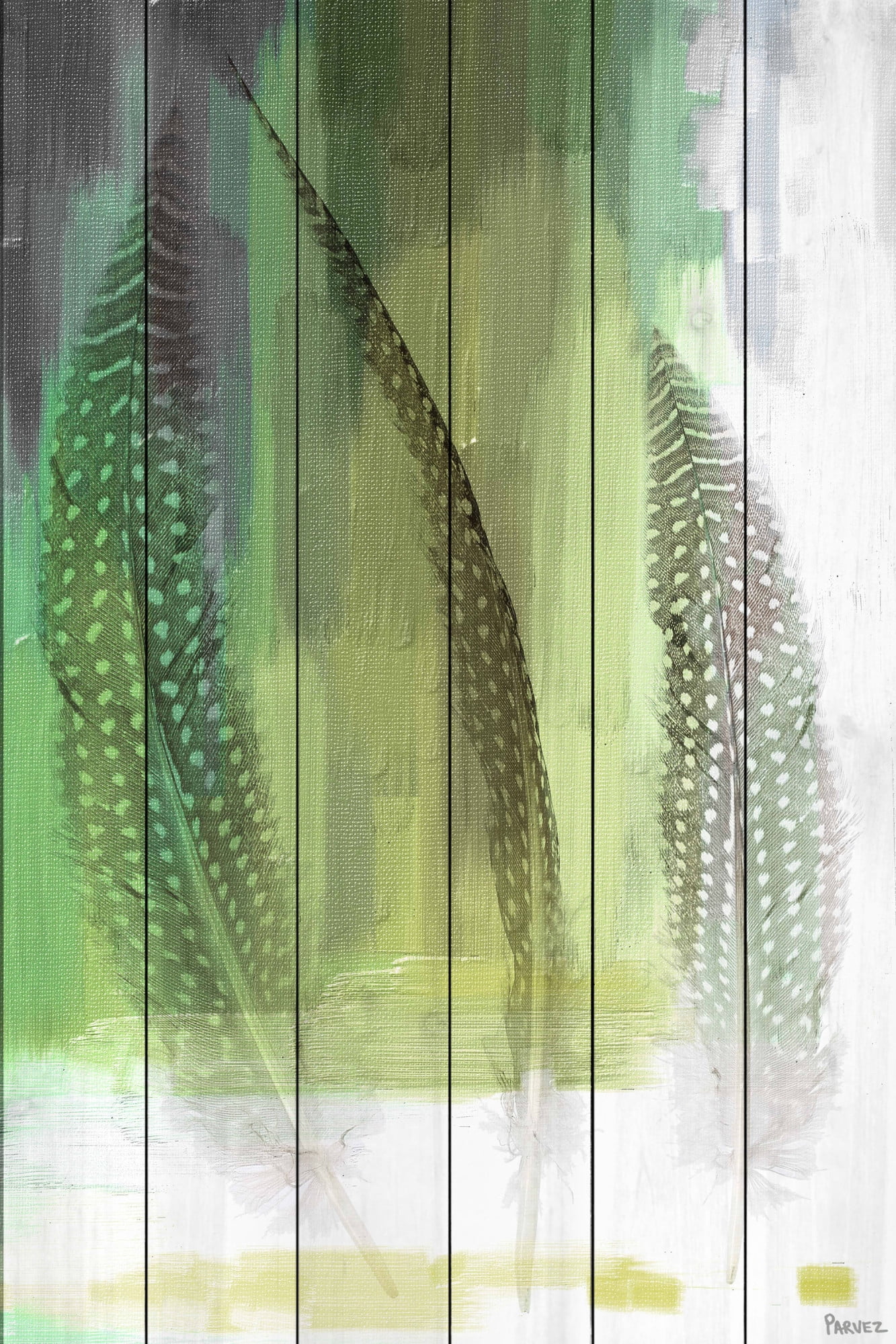 Parvez Taj "Emerald Feathers" Print on White Wood