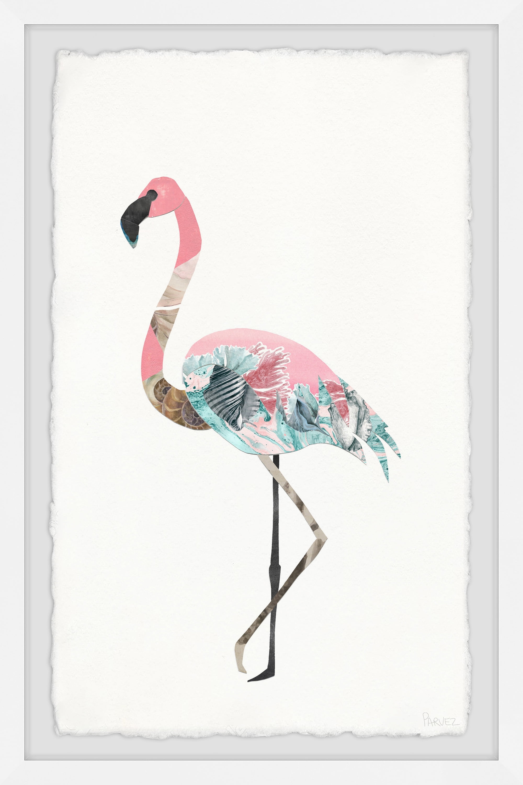 Flamingo Mosaic Framed Canvas Print in Pink and White