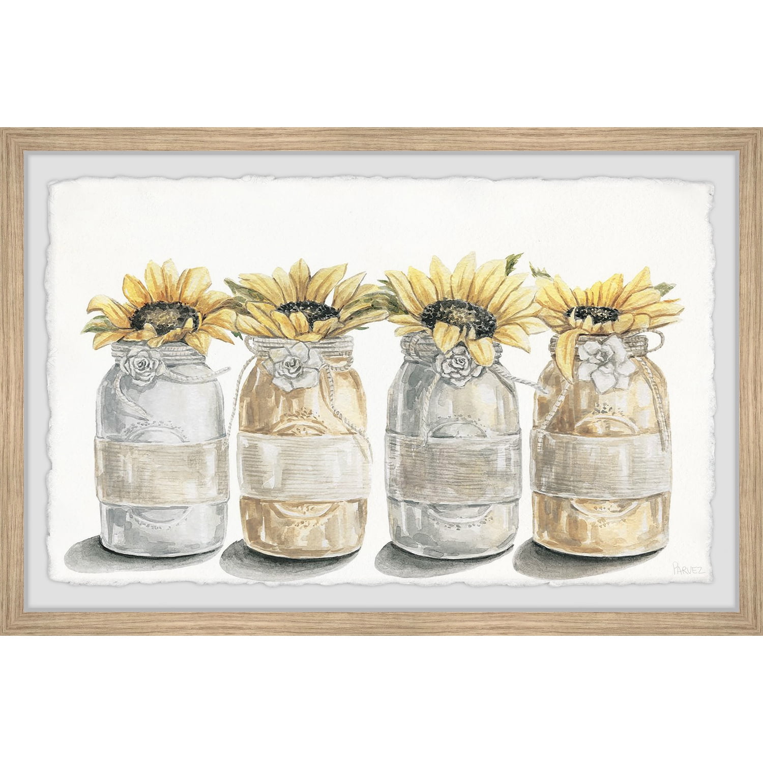 Sunflower Bloom Watercolor Print in Natural Wood Frame