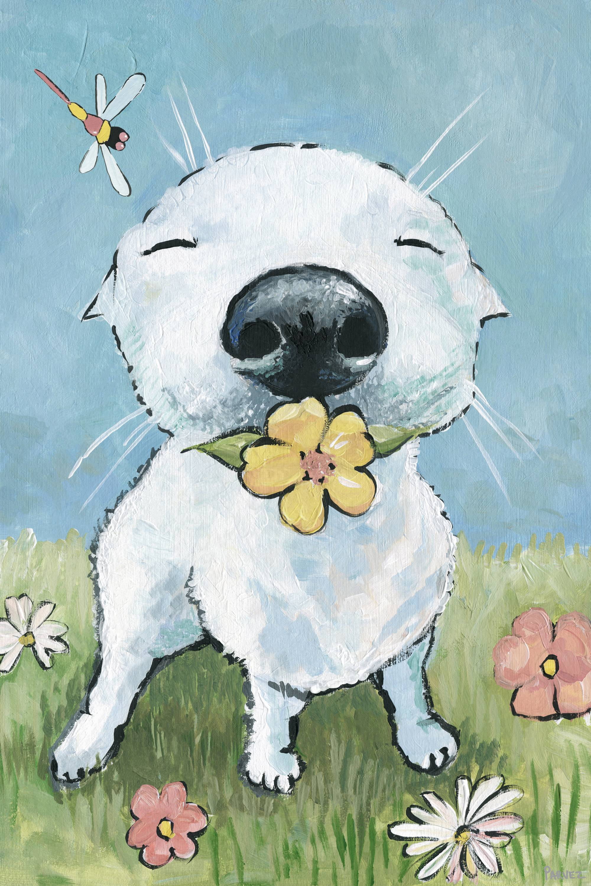 12" x 8" Whimsical Dog with Flower Canvas Wall Art