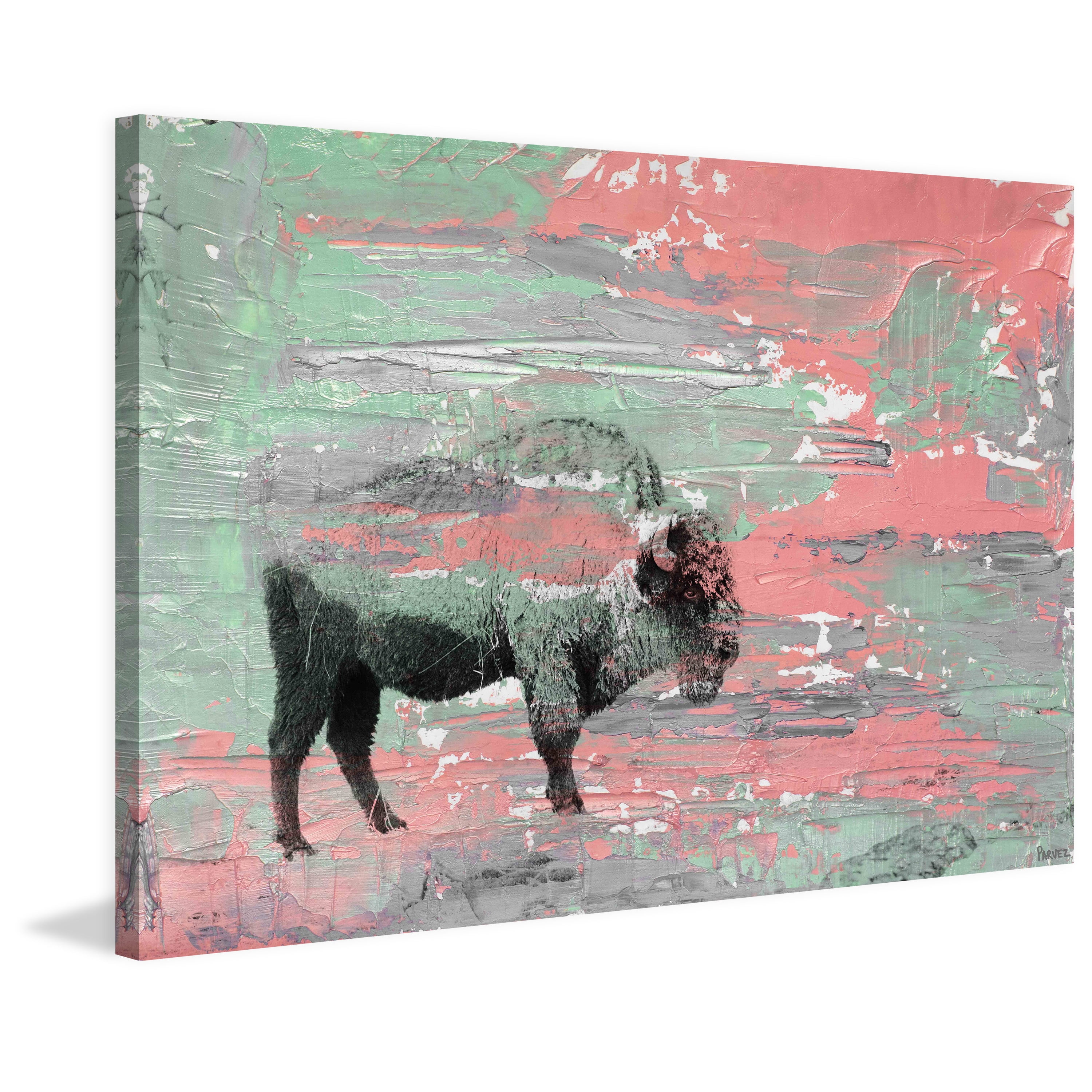 Parvez Taj  - 'Green Paint Buffalo' Painting Print on Wrapped Canvas 36 x 24