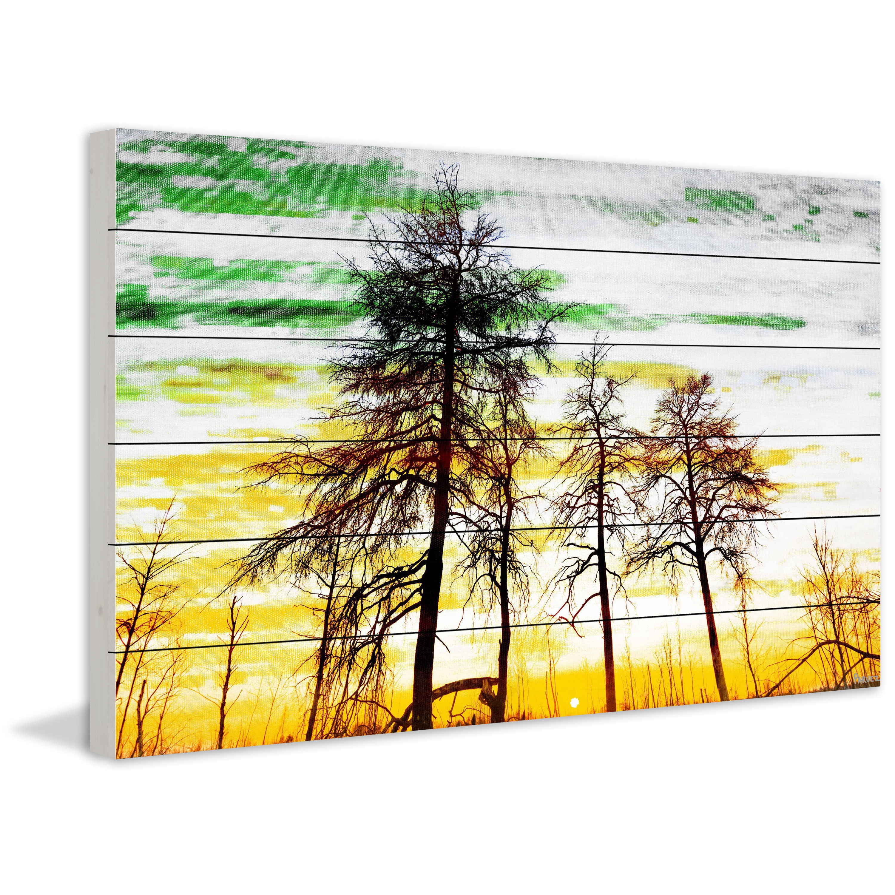 Parvez Taj  - Green and Gold Sky Painting Print on White Wood 45 x 30