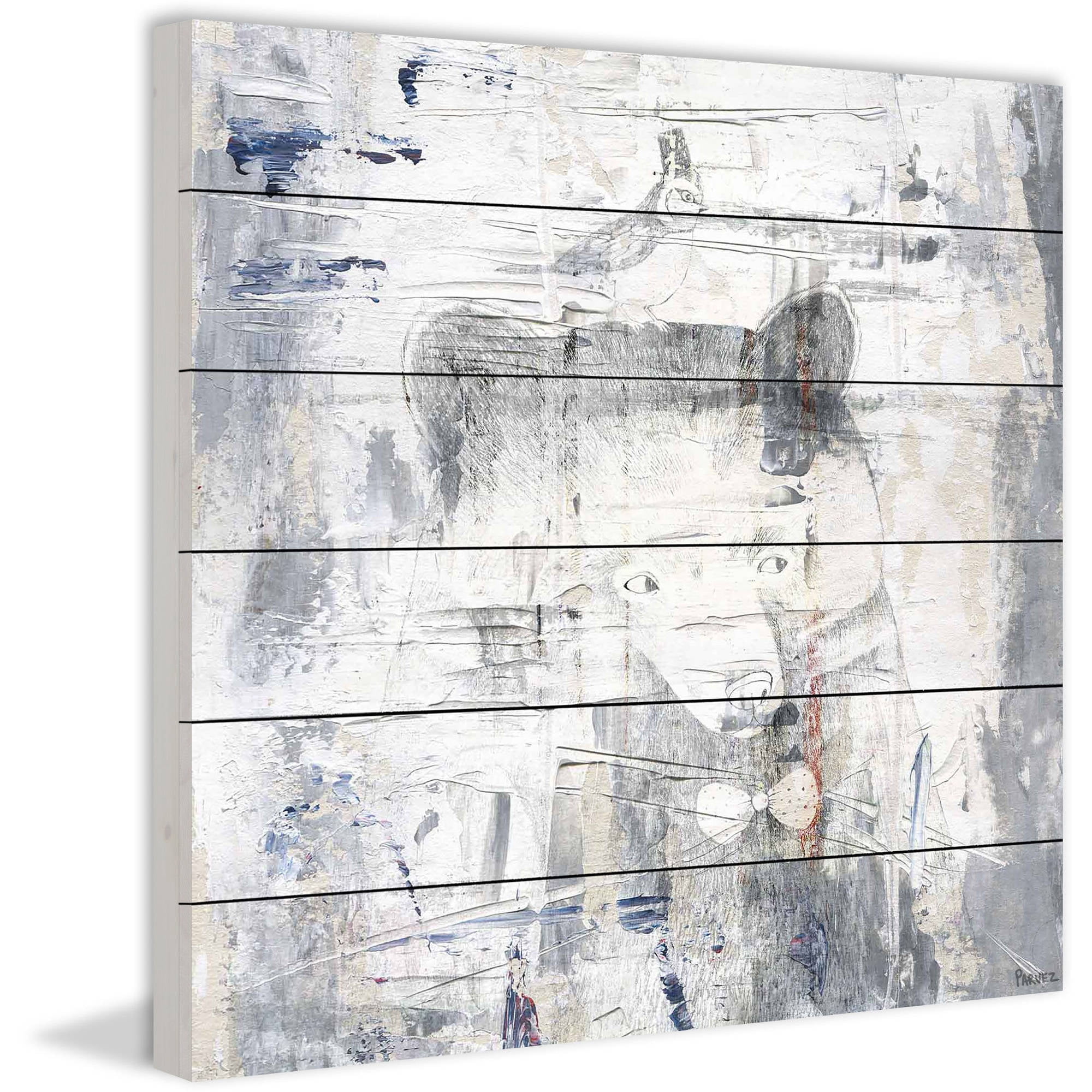 Parvez Taj Handmade Dizzy Bear Print on White Wood 24 x 24
