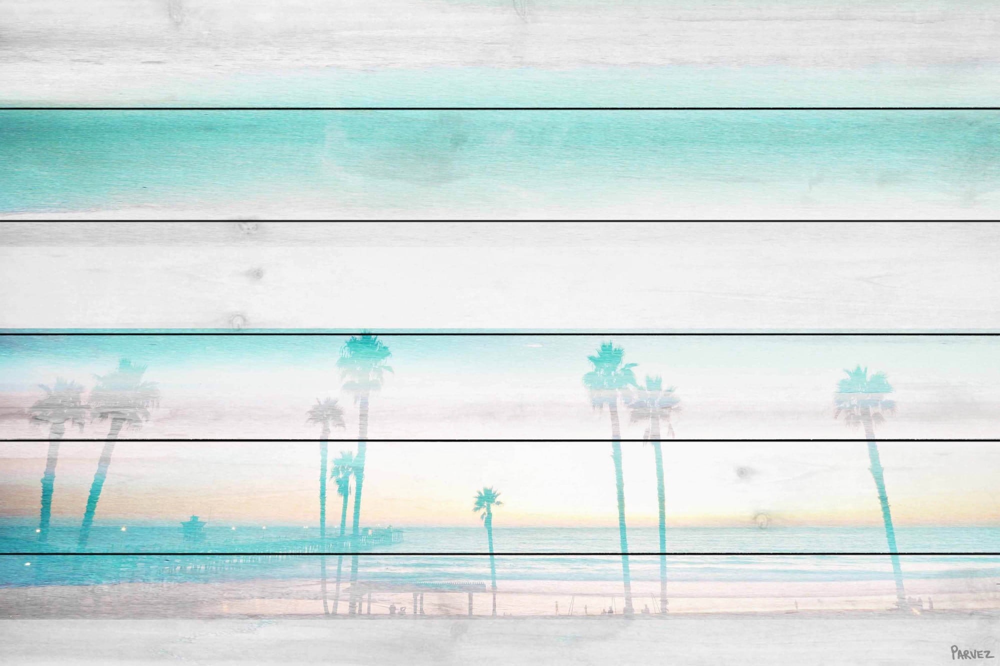 Parvez Taj "Hazy Beach" Print on White Wood