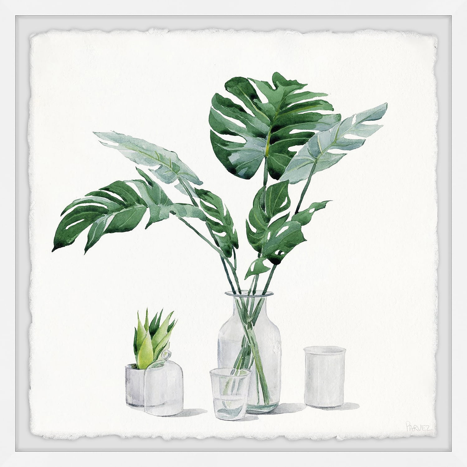 Monstera Leaf Green Watercolor Framed Print, 24" x 24"