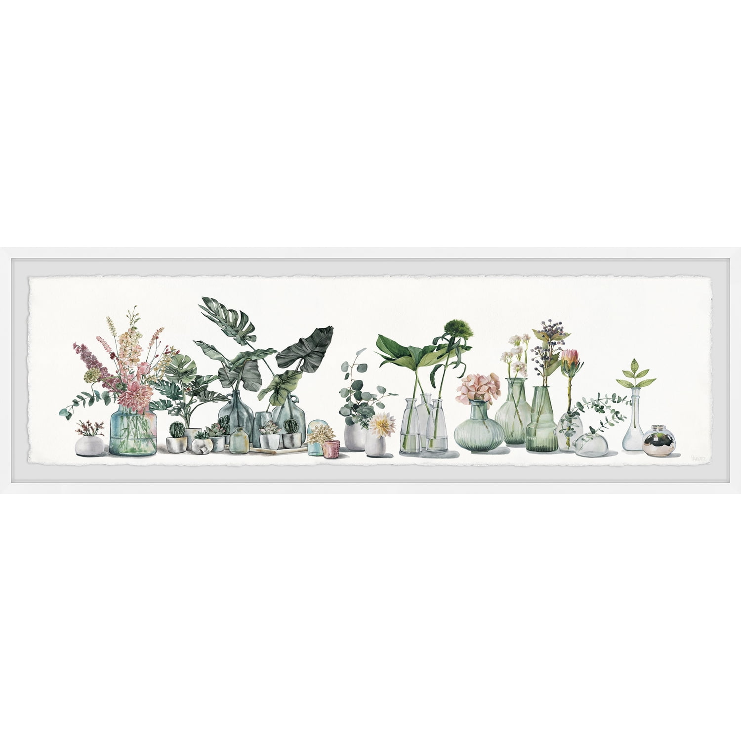 Green and Pink Botanical Framed Watercolor Print, 30" x 10"