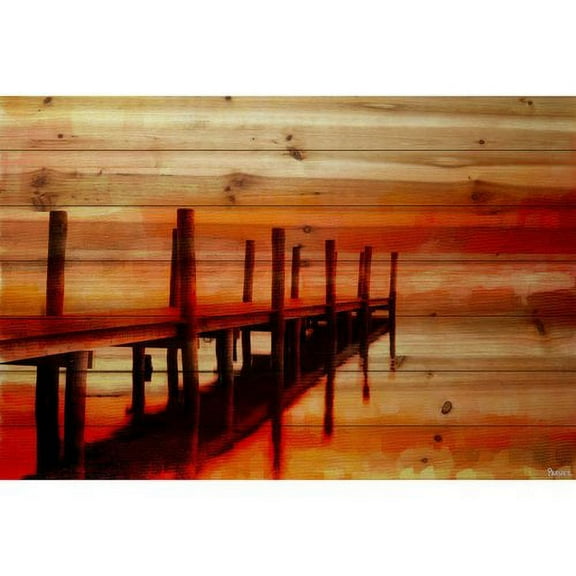 Parvez Taj Pt-Bcna-02-Bdw-36 24" x 36", "Sunset Dock" Art Print On Natural Pine Wood