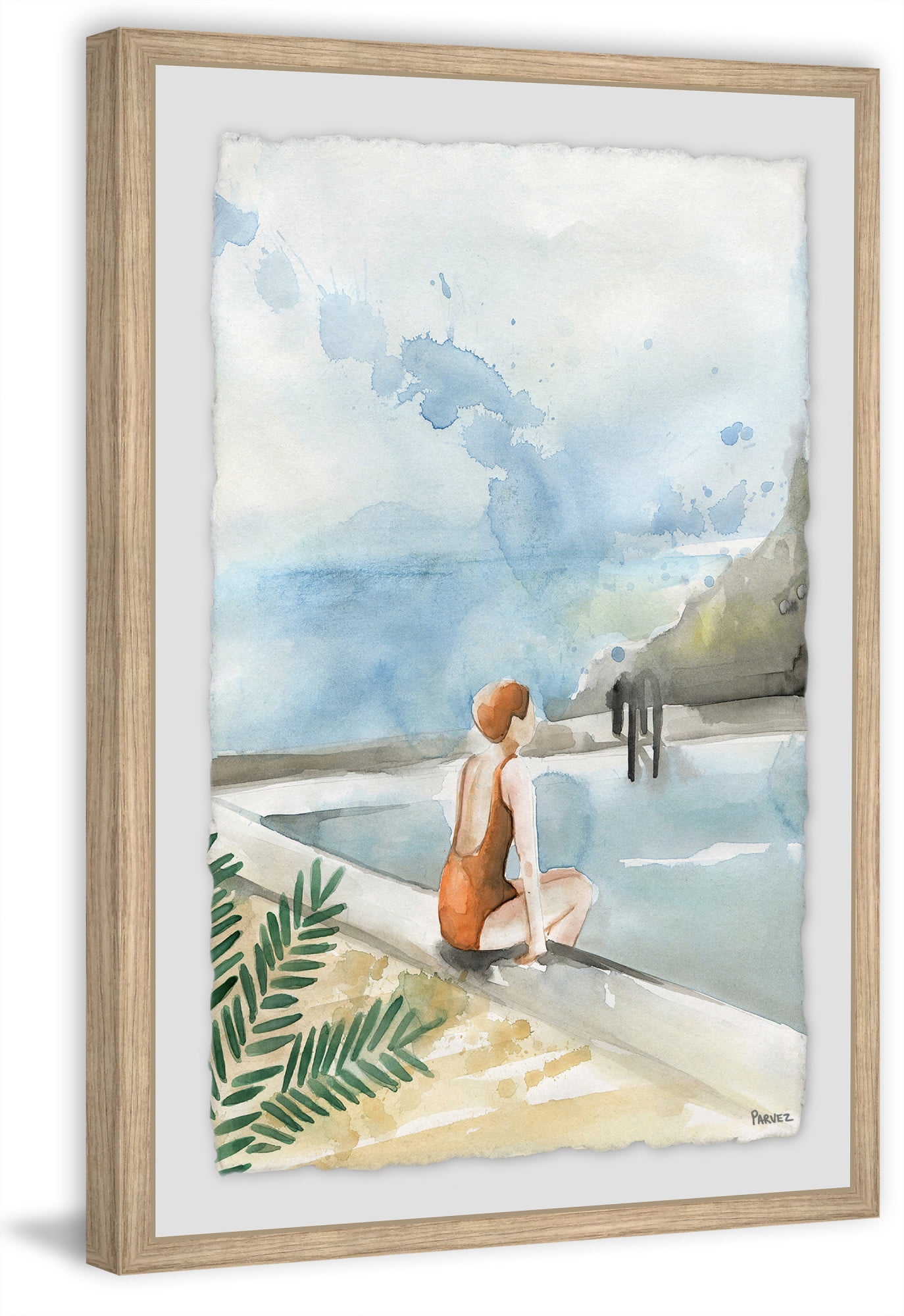 Blue and Beige Framed Canvas Print of Woman by Pool