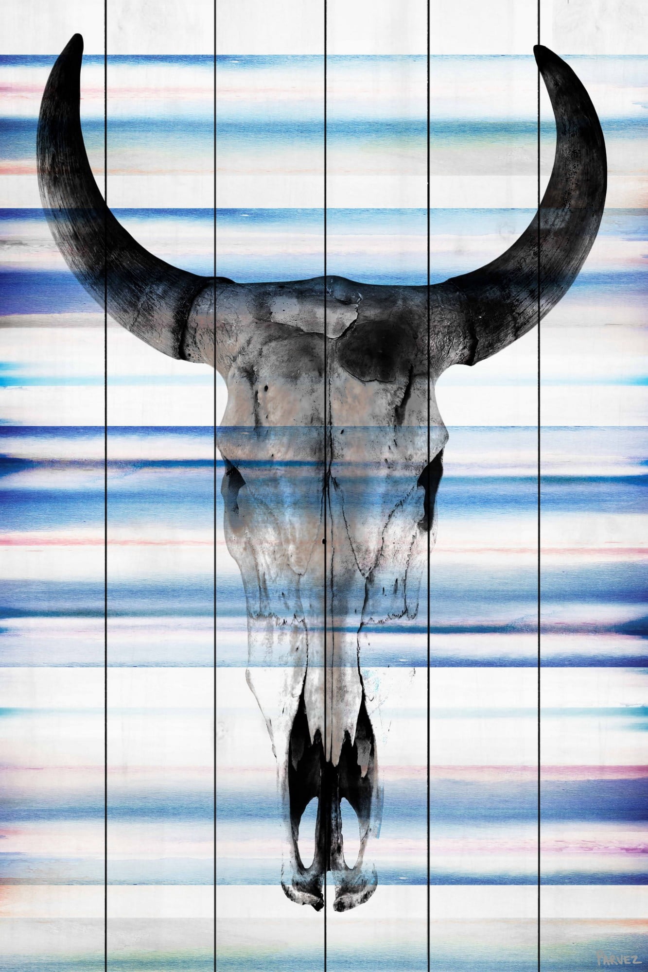 Parvez Taj Pt-Wnpw-123-Ww-45 45" x 30" "Long Skull Face" Art Print On White Wood