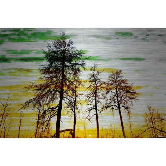 Parvez Taj  - Green and Gold Sky Painting Print on Brushed Aluminum 45 x 30