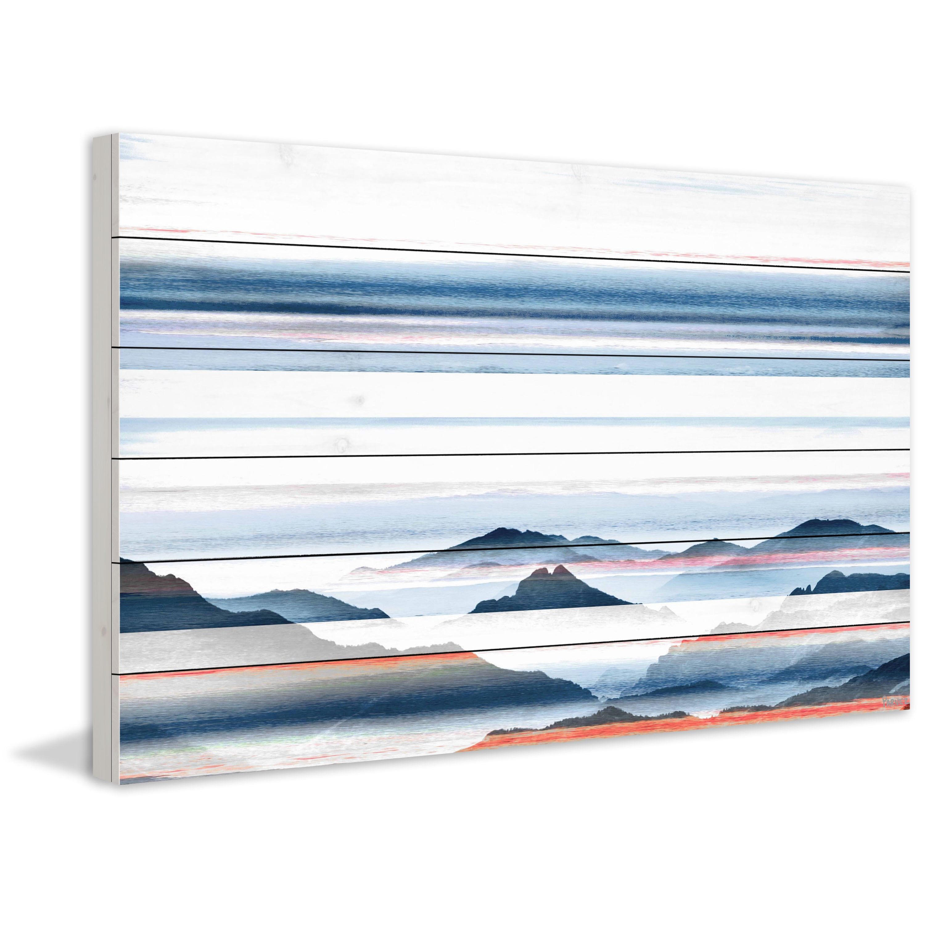 Hidden Blue Mountains Landscape Print on White Wood