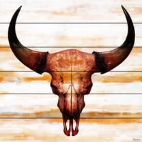 Parvez Taj  - Burnt Orange Skull Painting Print on White Wood - Multi-Color 32 x 32