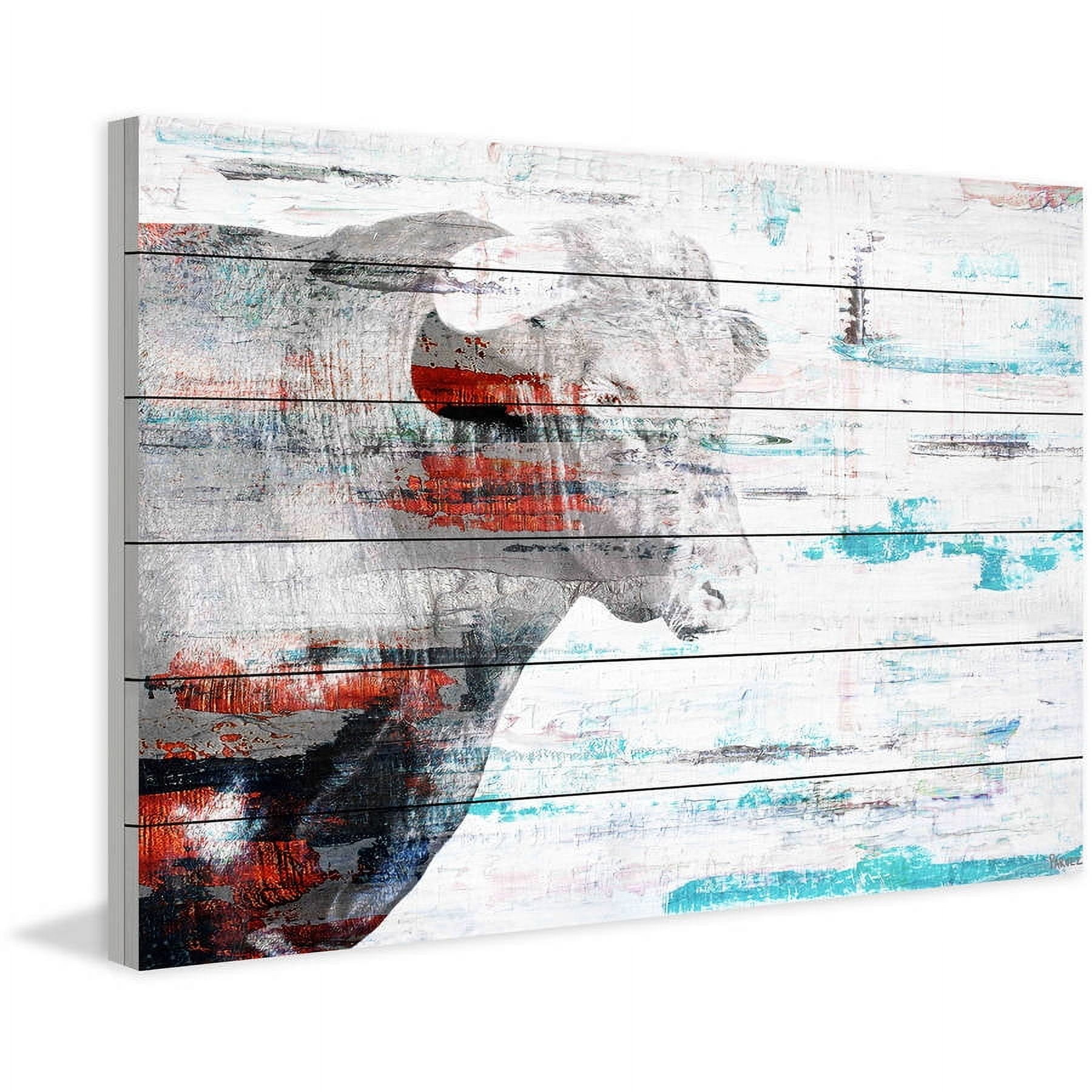 Parvez Taj  - 'Red Bull Profile' Painting Print on White Wood - Multi-color 18 x 12