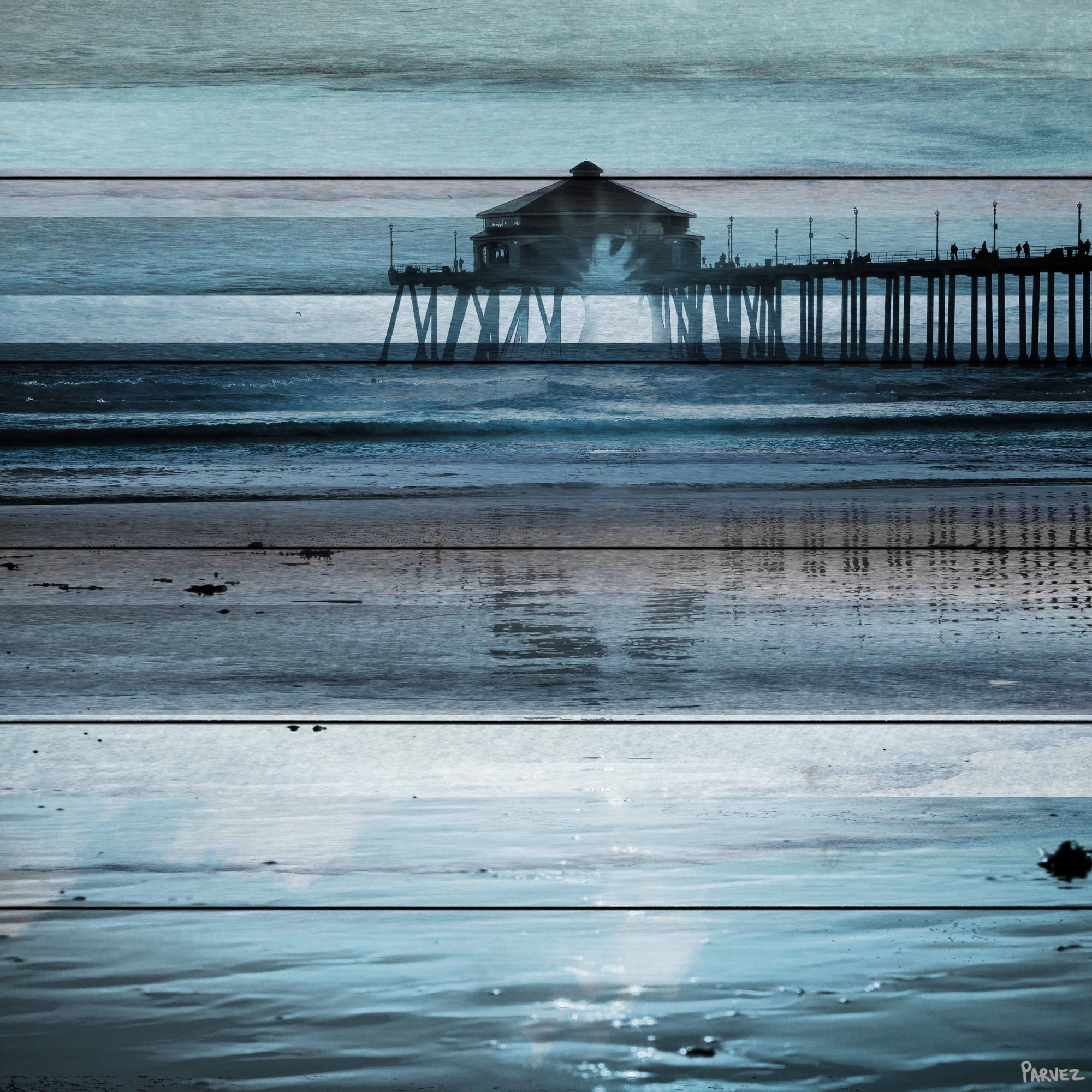 Reflection of the Pier Nautical Print on White Wood
