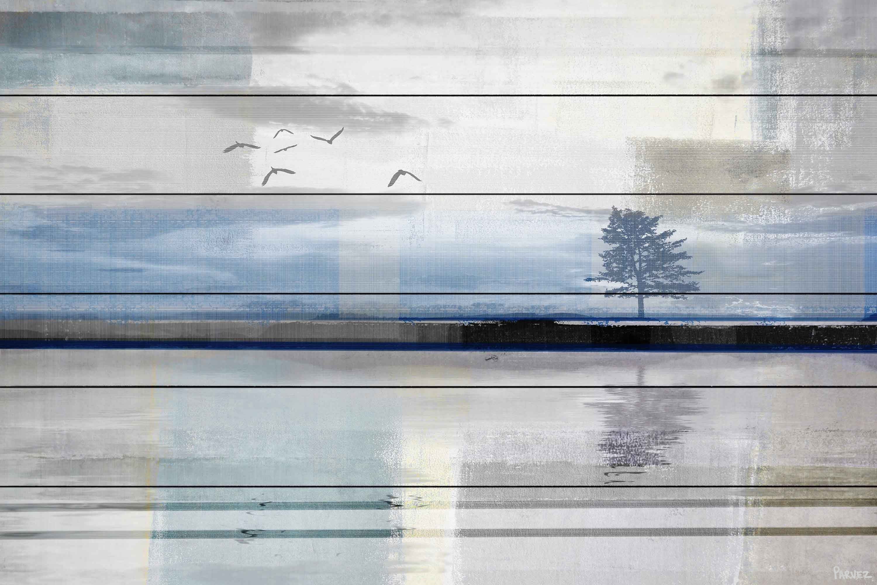 Ivory and Blue Watercolor Print on Natural Pine Wood
