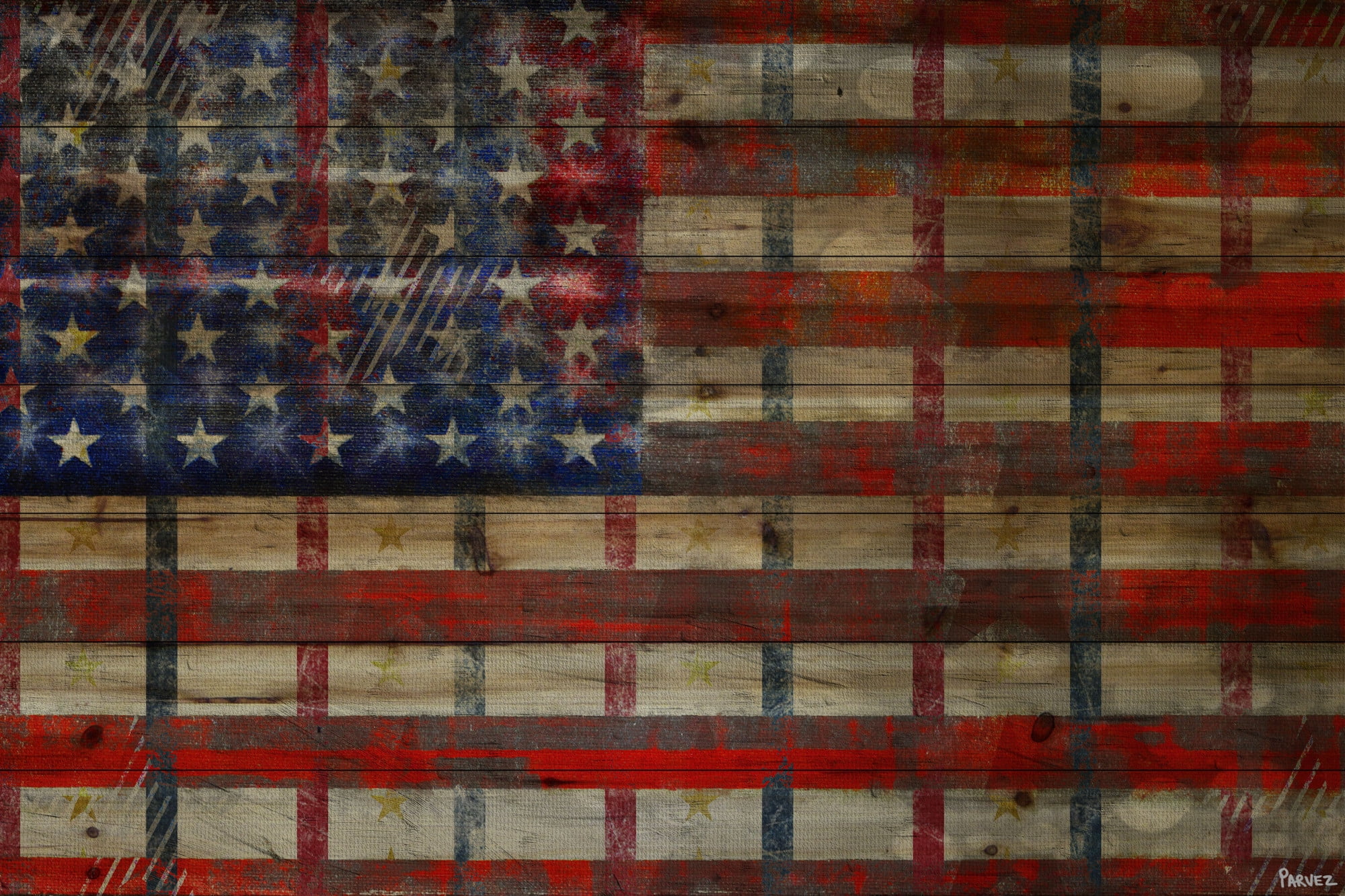 Parvez Michel Inc Parvez Taj - "Striped Flag" Print on Natural Pine Wood