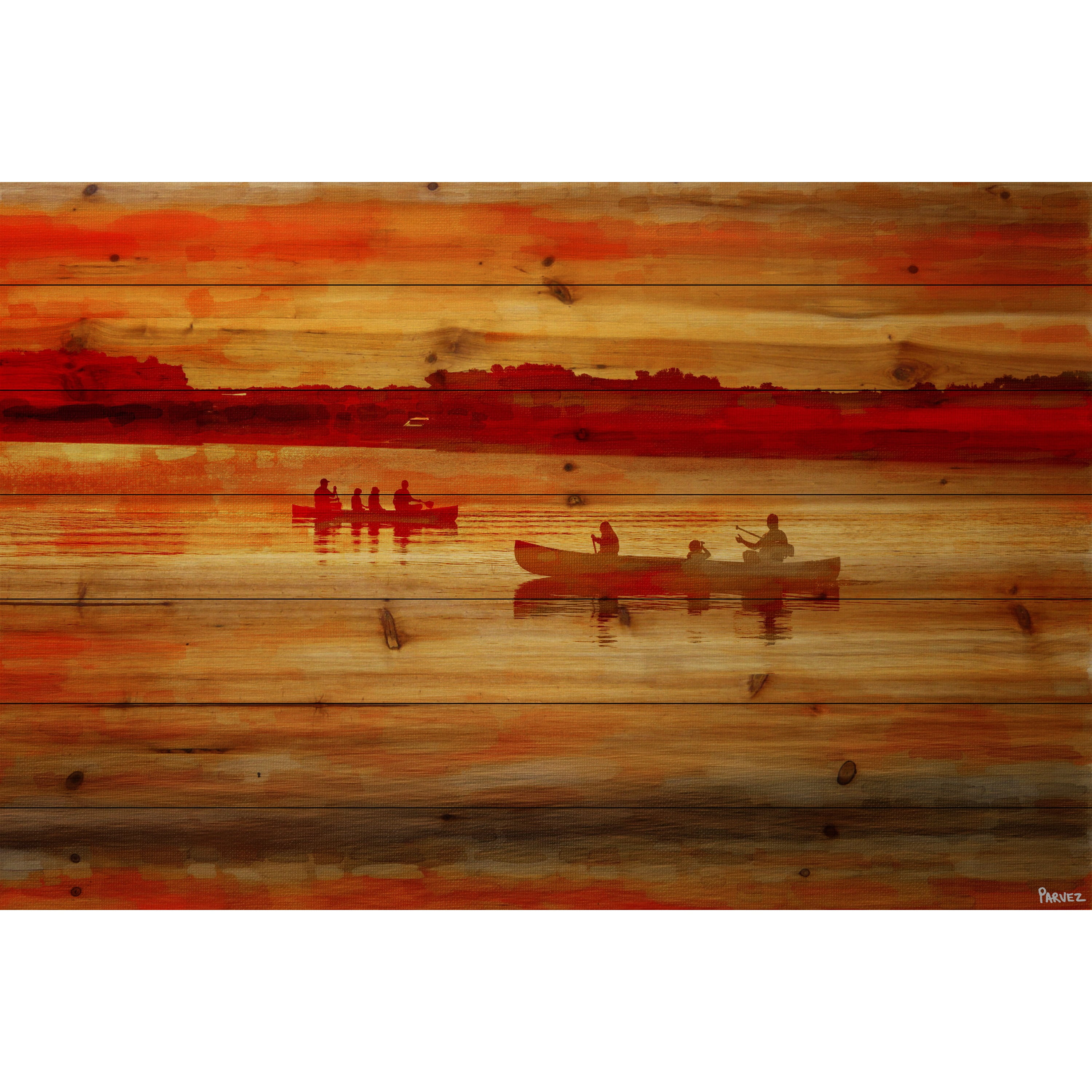 Parvez Taj  - Sunset Paddle Painting Print on Natural Pine Wood - Multi-Color 36 x 24