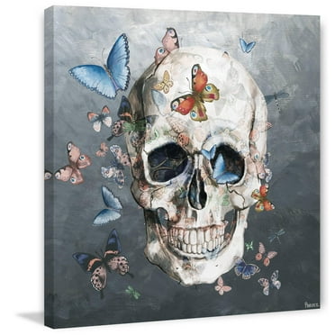 Parvez Taj "Tinted Happy Butterfly Skull" Painting Print on Wrapped Canvas