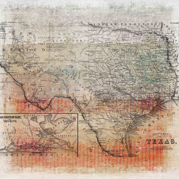 Parvez Taj Tjmh-2304-Texas-C-18 18" X 18" "Texas Map" Art Print On Stretched Canvas