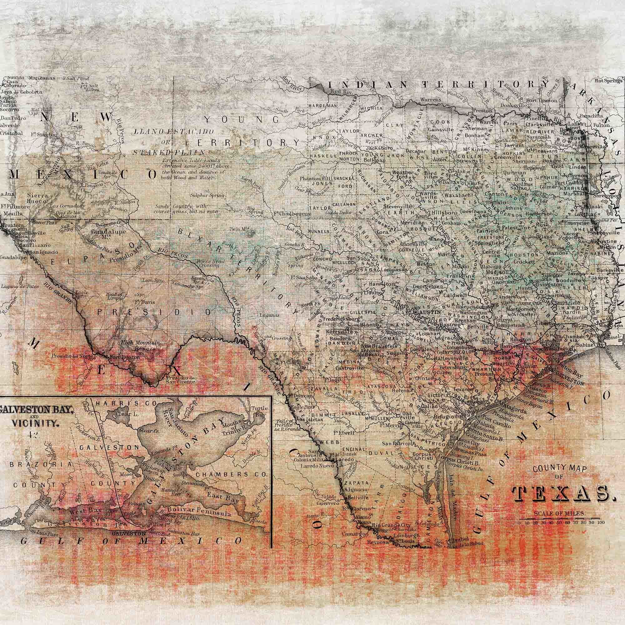 32" x 32" Orange and Beige Canvas Texas Map Print